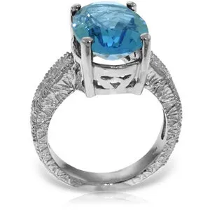14K Solid White Gold Ring w/ Natural Oval Blue Topaz