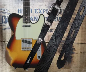 1955 Embossed Black Leather Guitar Strap
