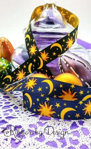 Celestial Ribbon with black  background on 5/8" gold single face satin