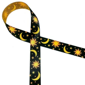 Celestial Ribbon with black  background on 5/8" gold single face satin