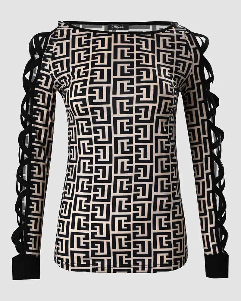 Chic Designer Geometric Print Cold Shoulder Gladiater Sleeve Top Womens