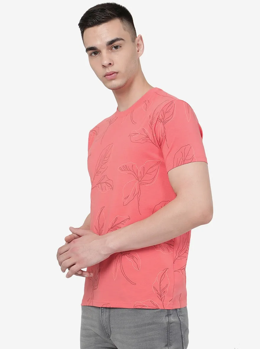 Coral Pink Printed Slim Fit T-Shirt | JadeBlue