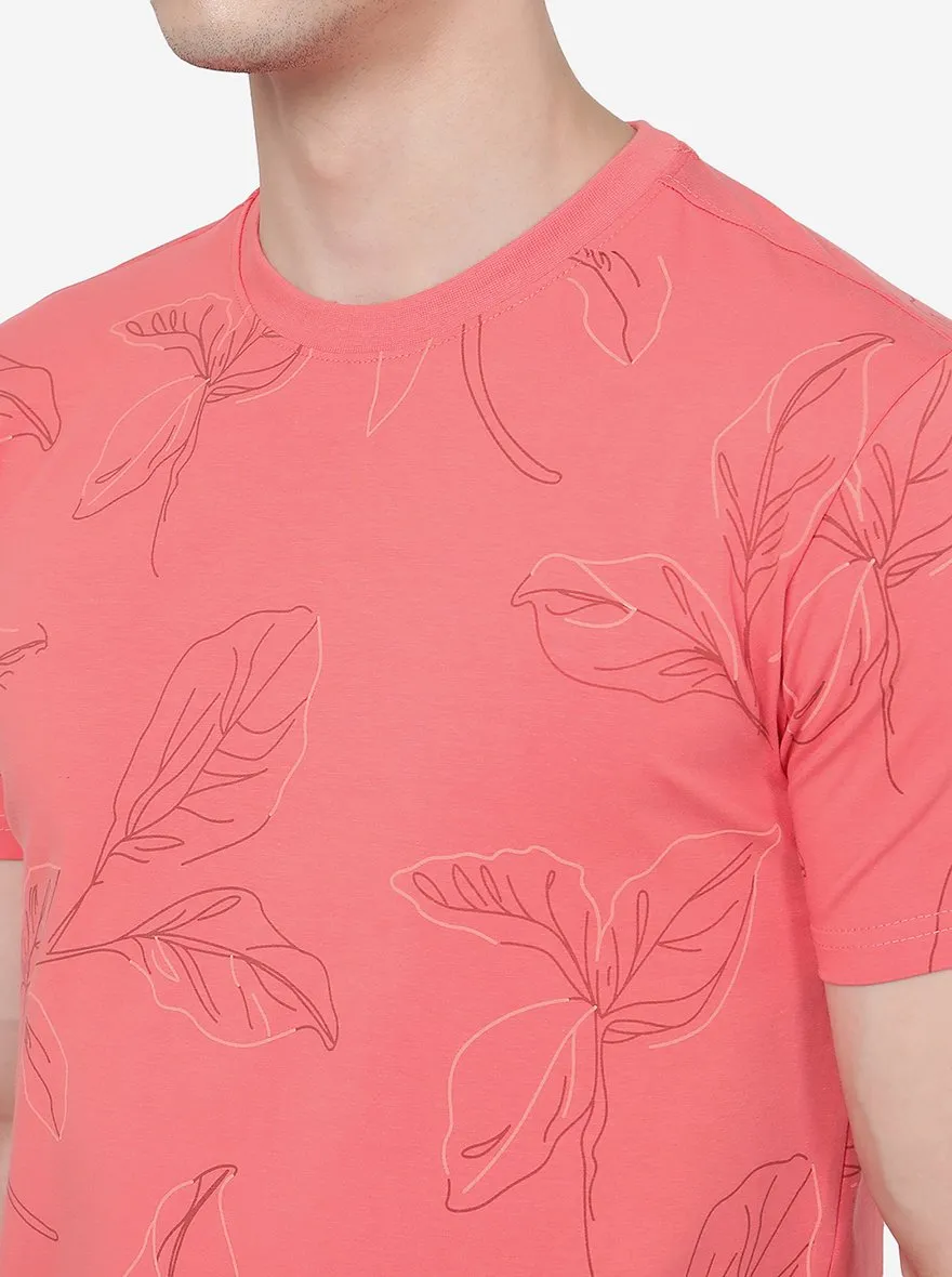 Coral Pink Printed Slim Fit T-Shirt | JadeBlue