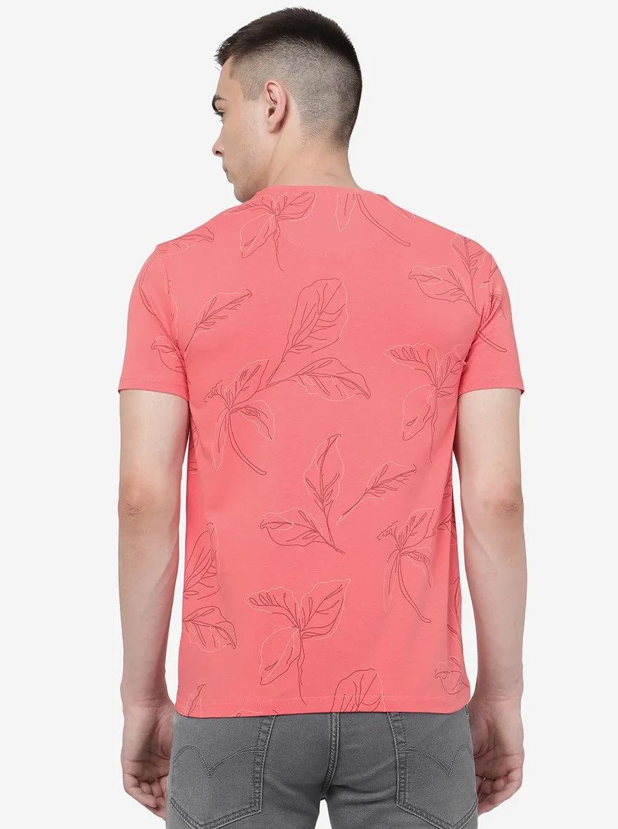Coral Pink Printed Slim Fit T-Shirt | JadeBlue