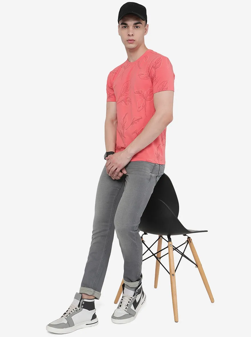 Coral Pink Printed Slim Fit T-Shirt | JadeBlue