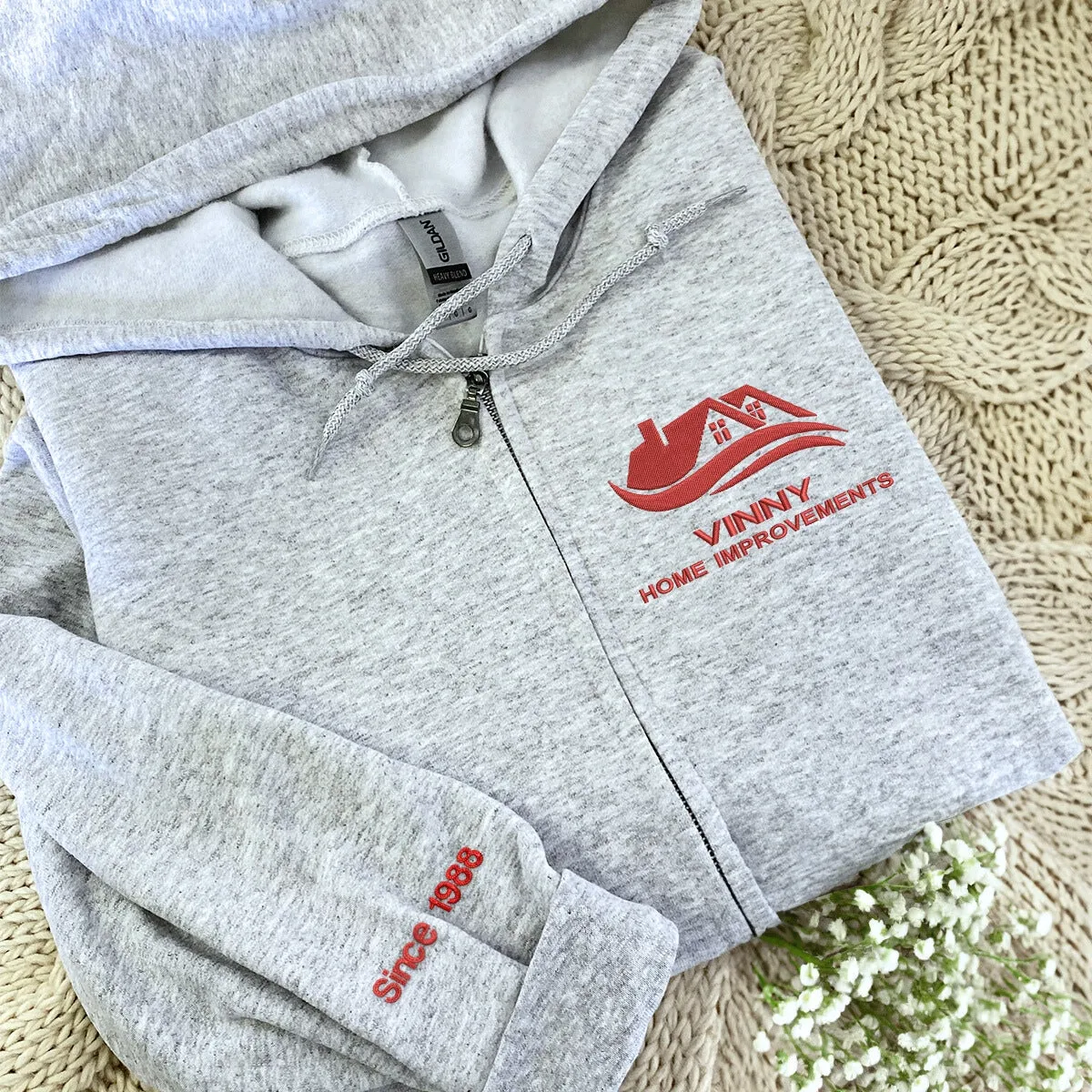 Custom Embroidered Logo Text Zip Up Hoodie