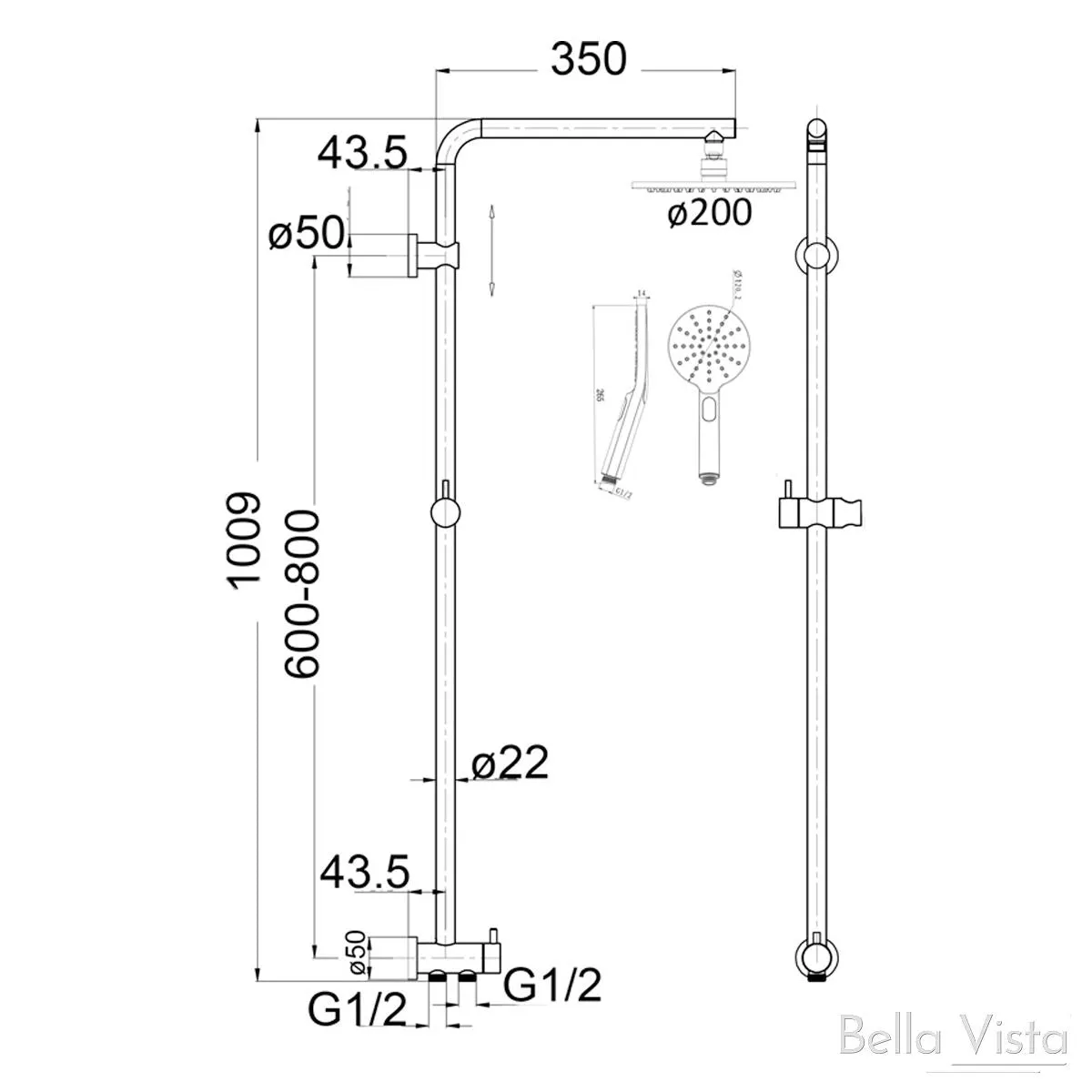 Dual Shower Rail with Rain Fall Head - Round Matte Black