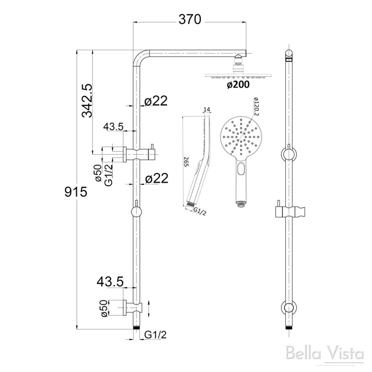Dual Shower Rail with Rain Fall Head - 'Single Hose' Round Matte Black