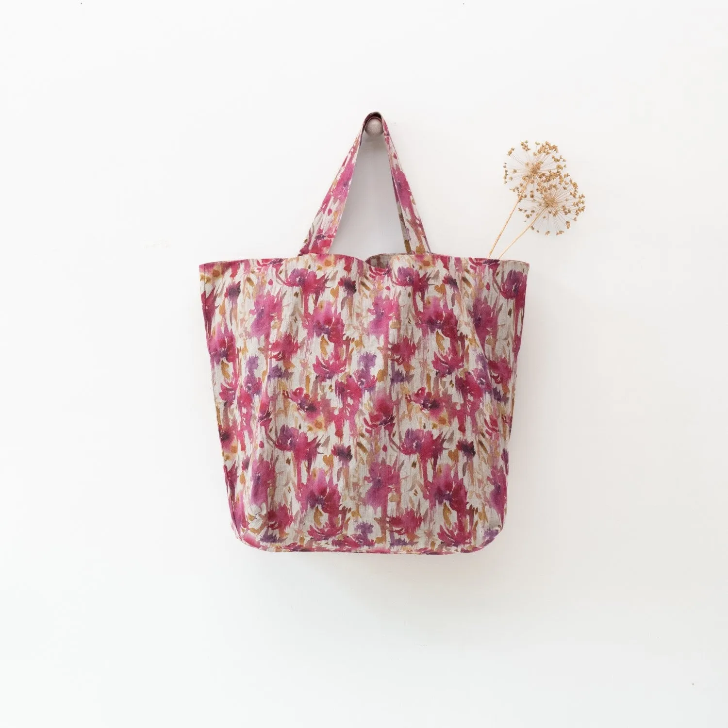 Fuchsia Flowers on Large Natural Linen Bag