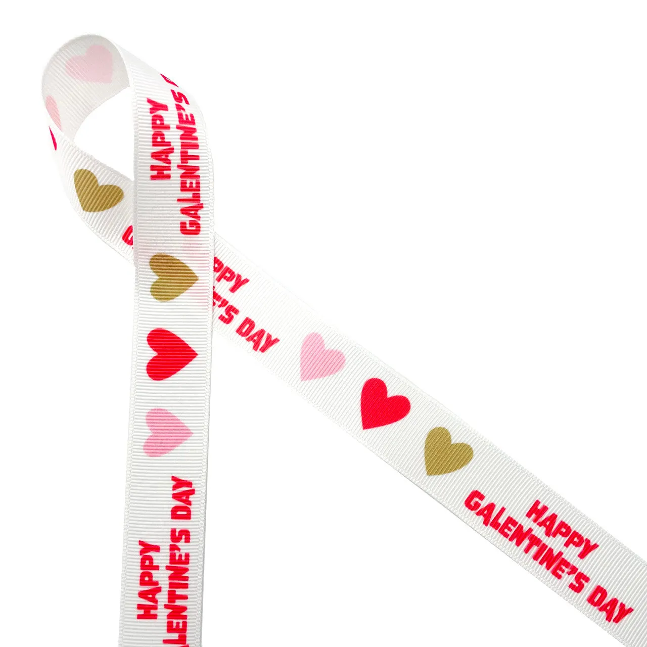 Happy Galentine's Day ribbon with hearts printed on 7/8" white grosgrain