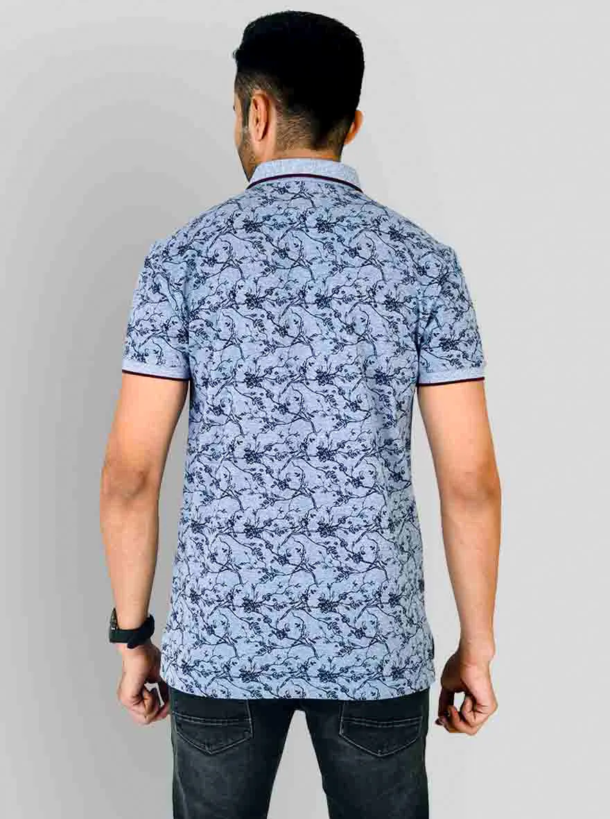 Jasper Blue Printed Slim Fit Polo T-shirt | Greenfibre
