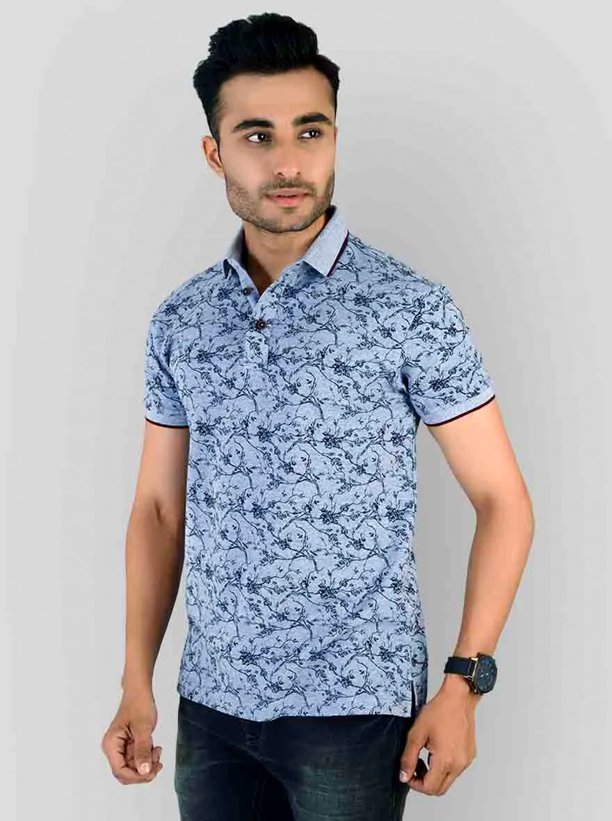 Jasper Blue Printed Slim Fit Polo T-shirt | Greenfibre
