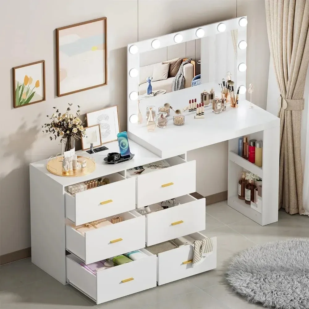 Makeup Vanity Desk with LED Mirror, 6 Drawers, Charging Station, and Adjustable Width