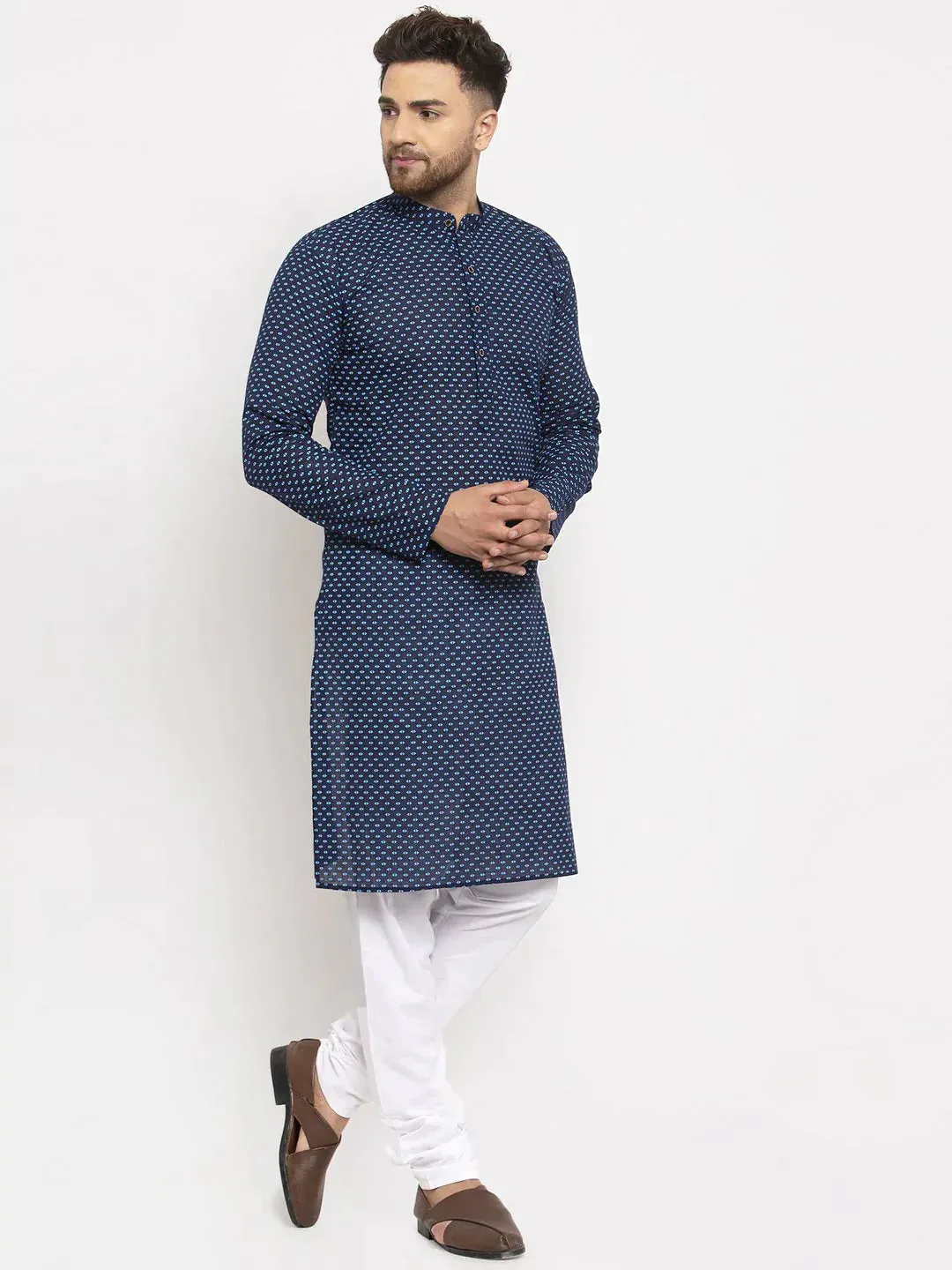 Men Blue Cotton Printed Kurta Only