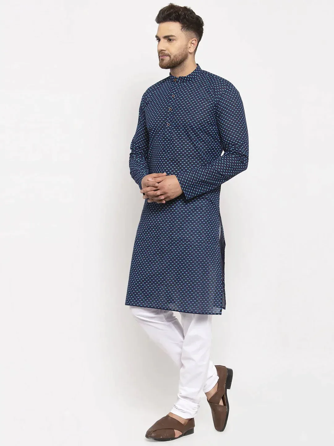 Men Blue Cotton Printed Kurta Only