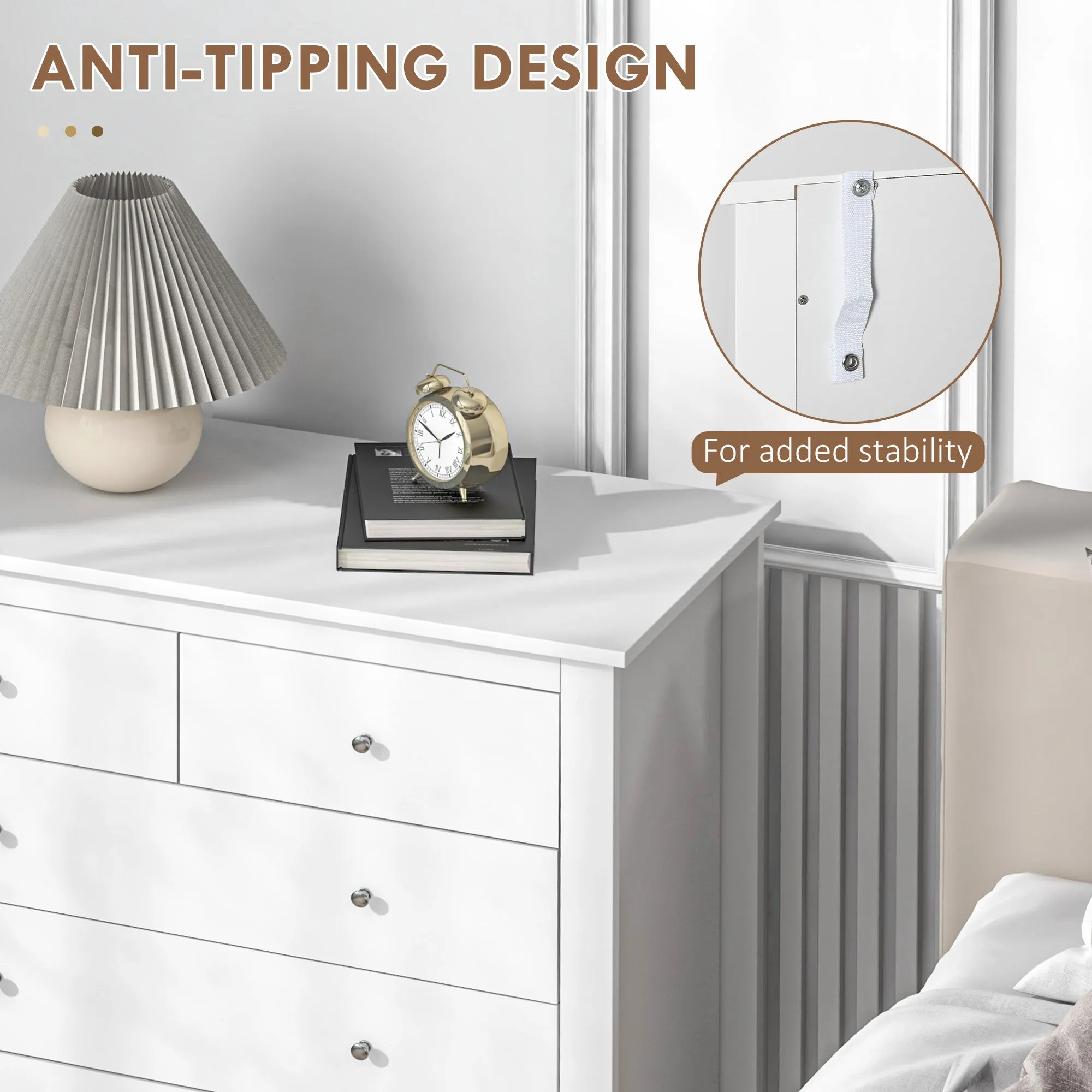 Modern Chest of Drawers, 5 Drawer Storage Cabinet with Metal Handles and Runners for Bedroom, White