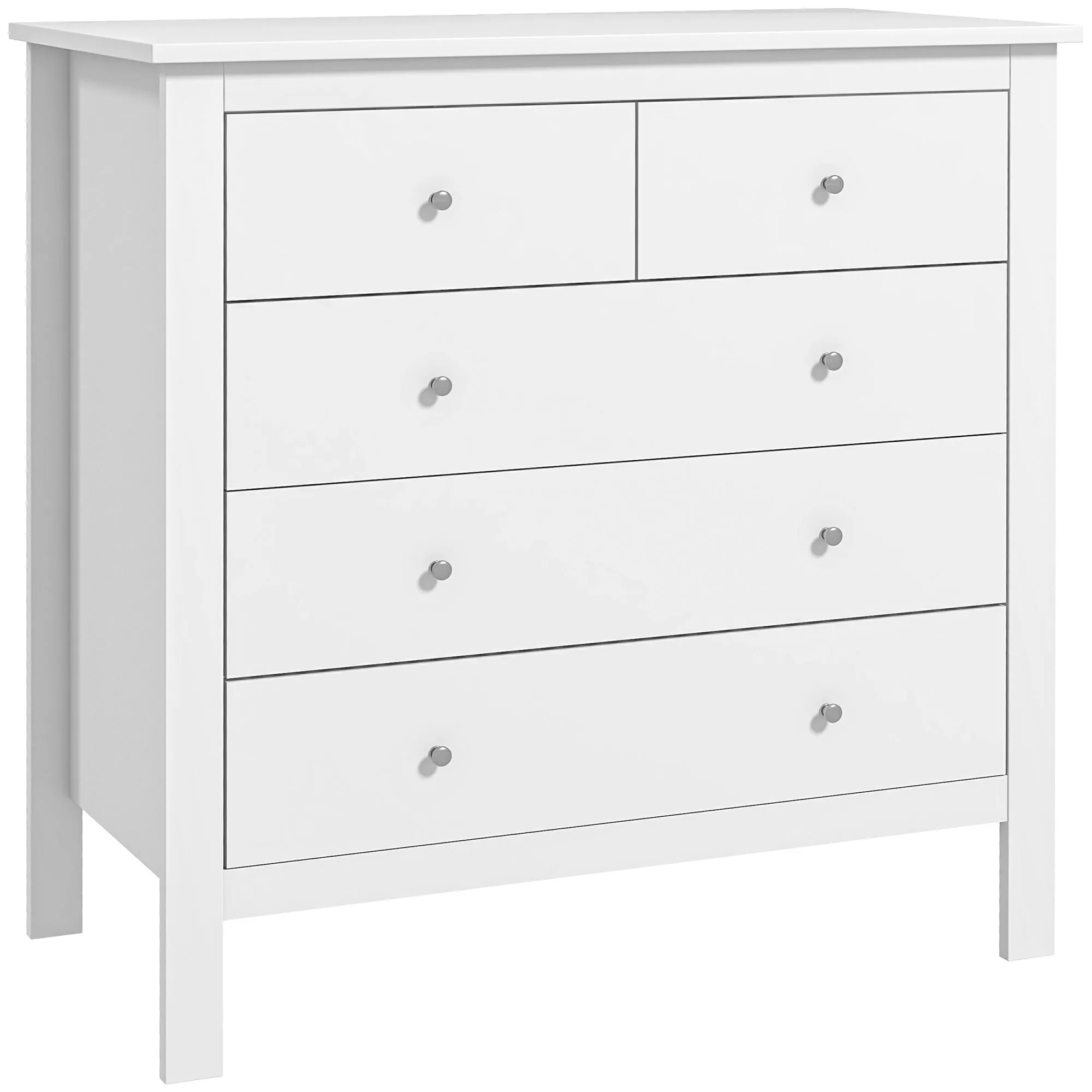 Modern Chest of Drawers, 5 Drawer Storage Cabinet with Metal Handles and Runners for Bedroom, White
