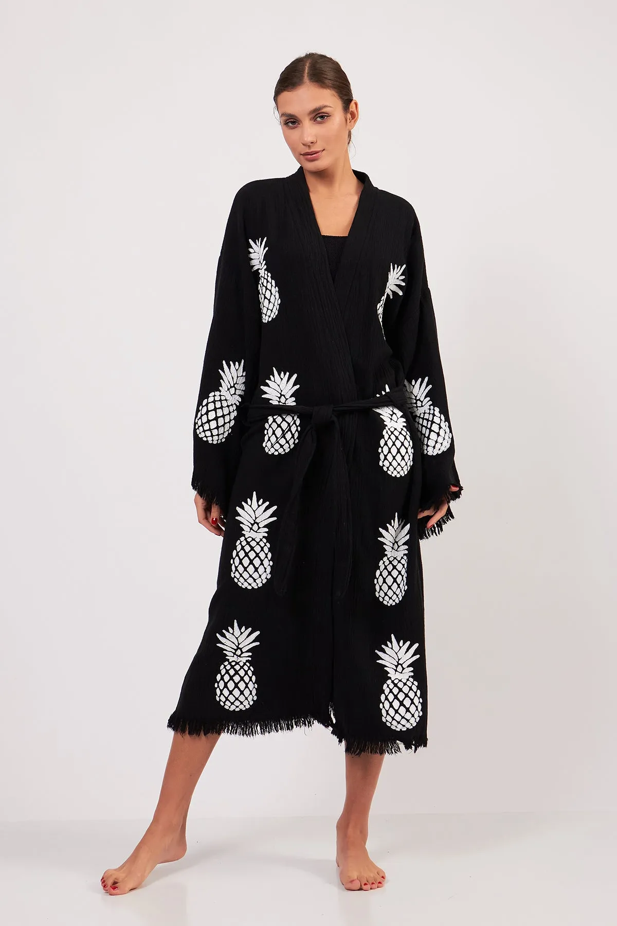 Turkish Towel Kimono Bathrobe Pineapple Design Black
