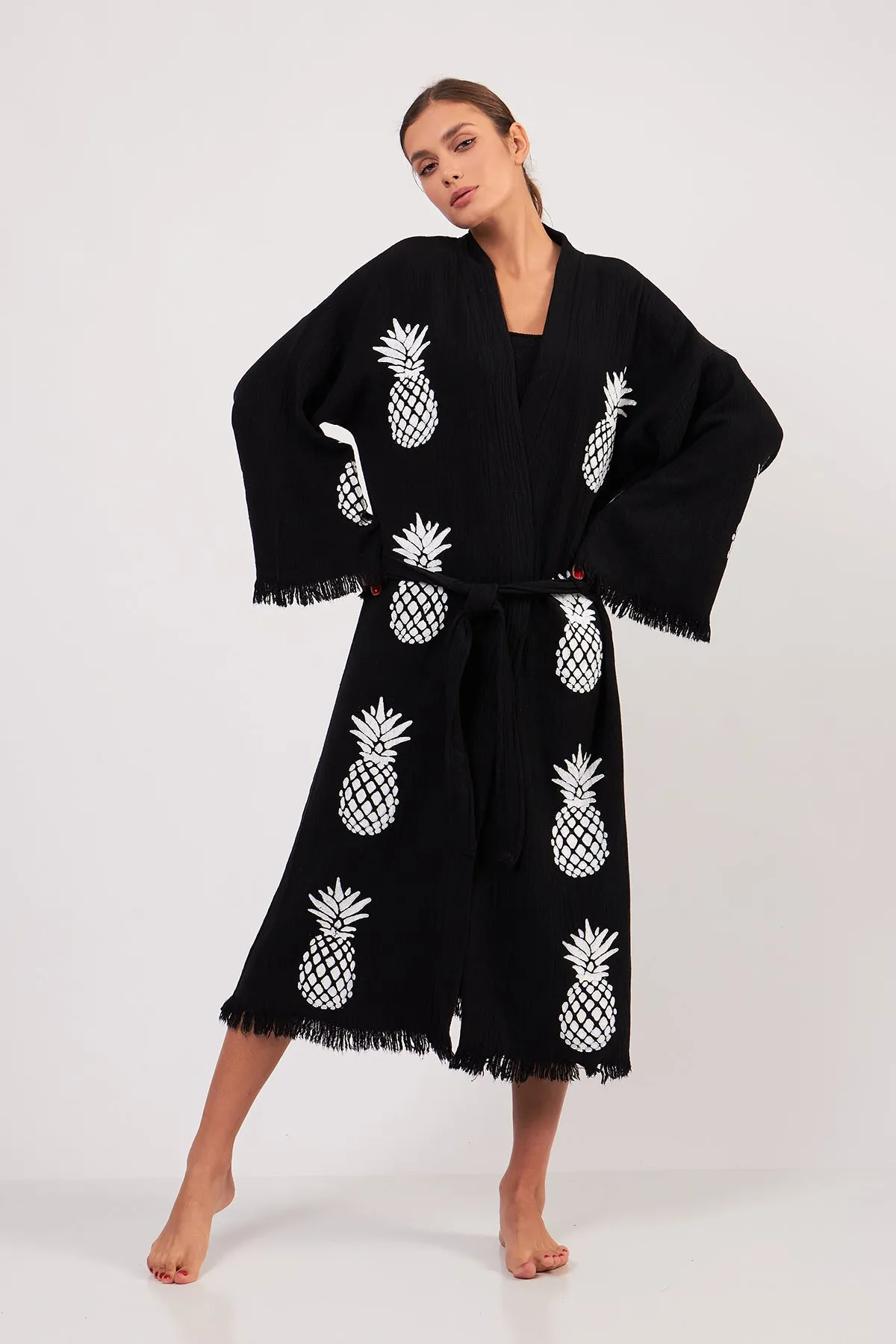 Turkish Towel Kimono Bathrobe Pineapple Design Black