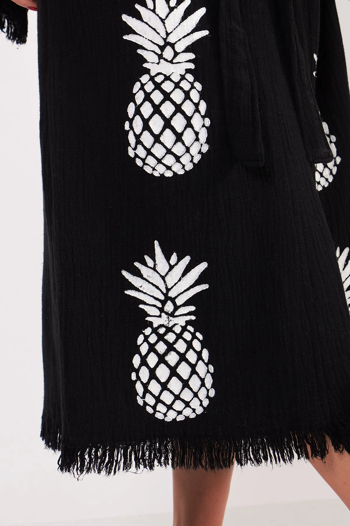 Turkish Towel Kimono Bathrobe Pineapple Design Black