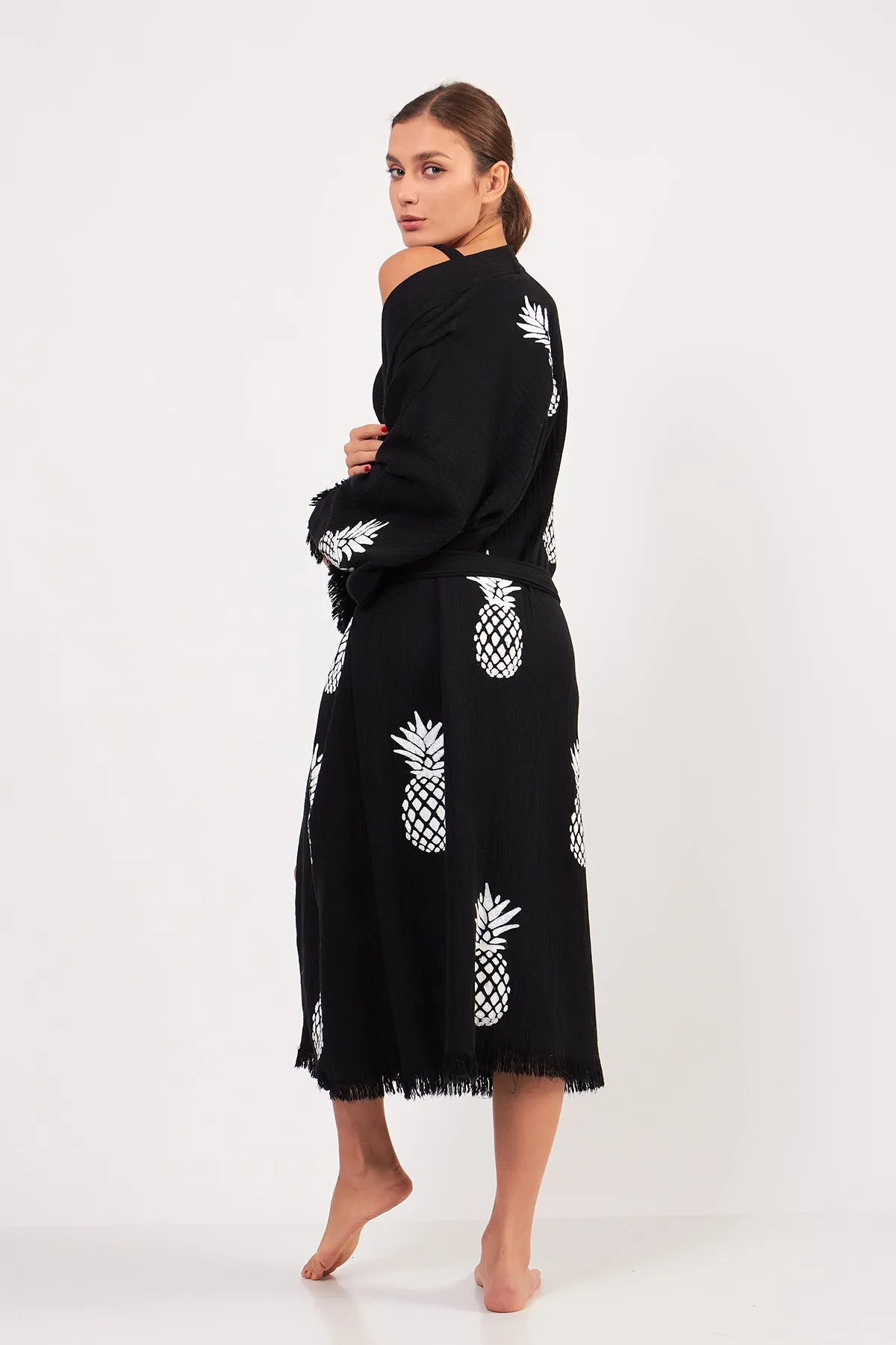 Turkish Towel Kimono Bathrobe Pineapple Design Black