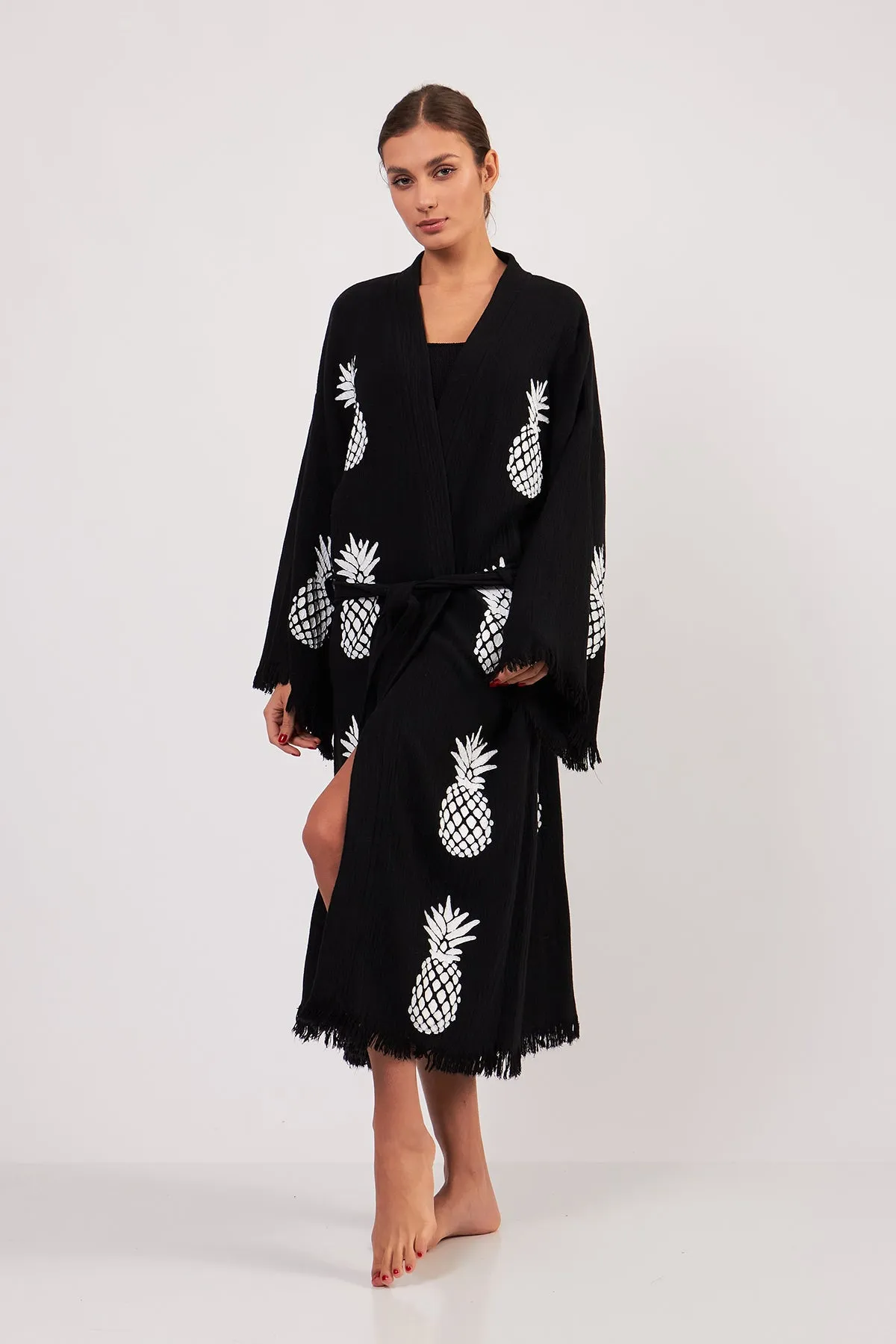 Turkish Towel Kimono Bathrobe Pineapple Design Black