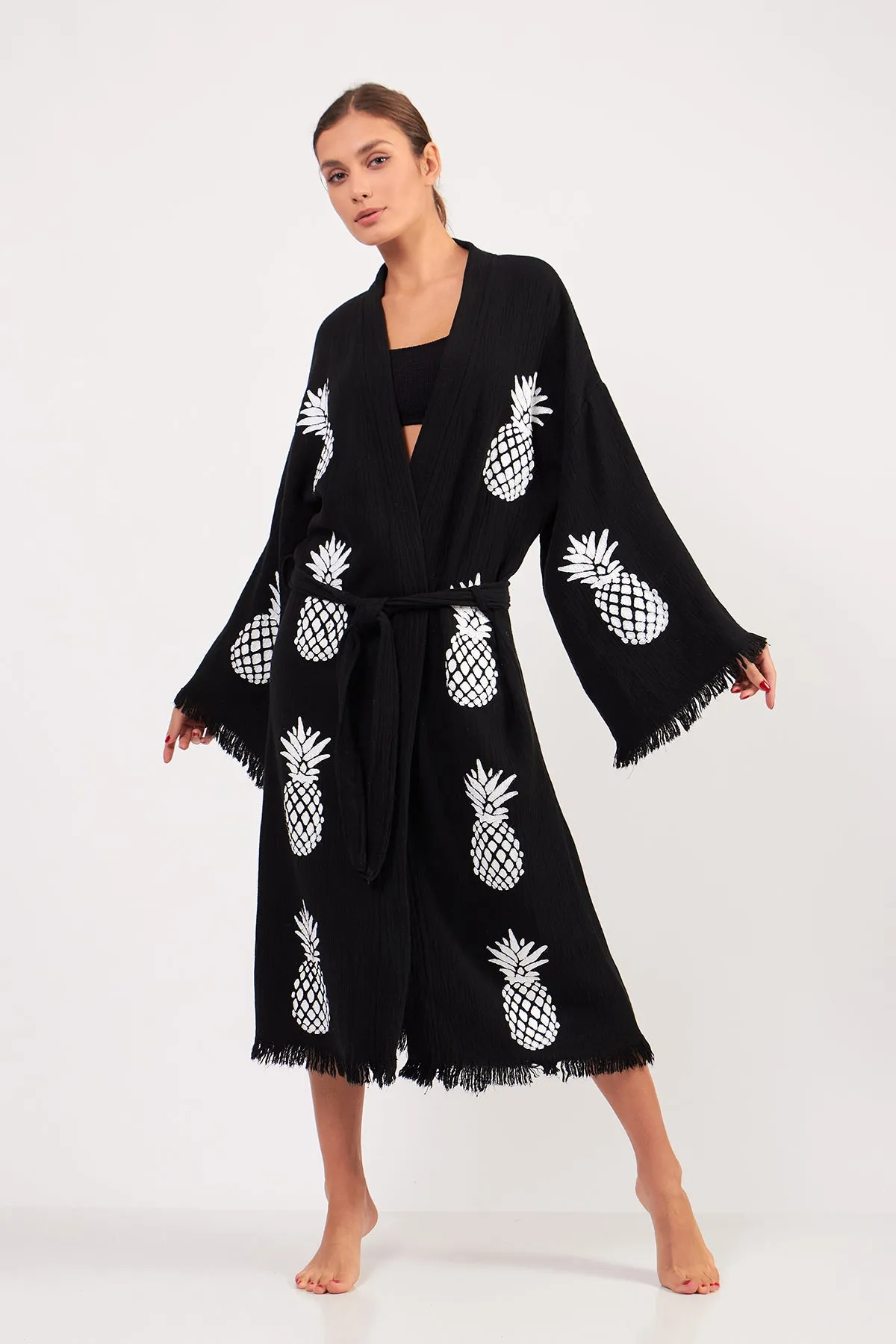 Turkish Towel Kimono Bathrobe Pineapple Design Black