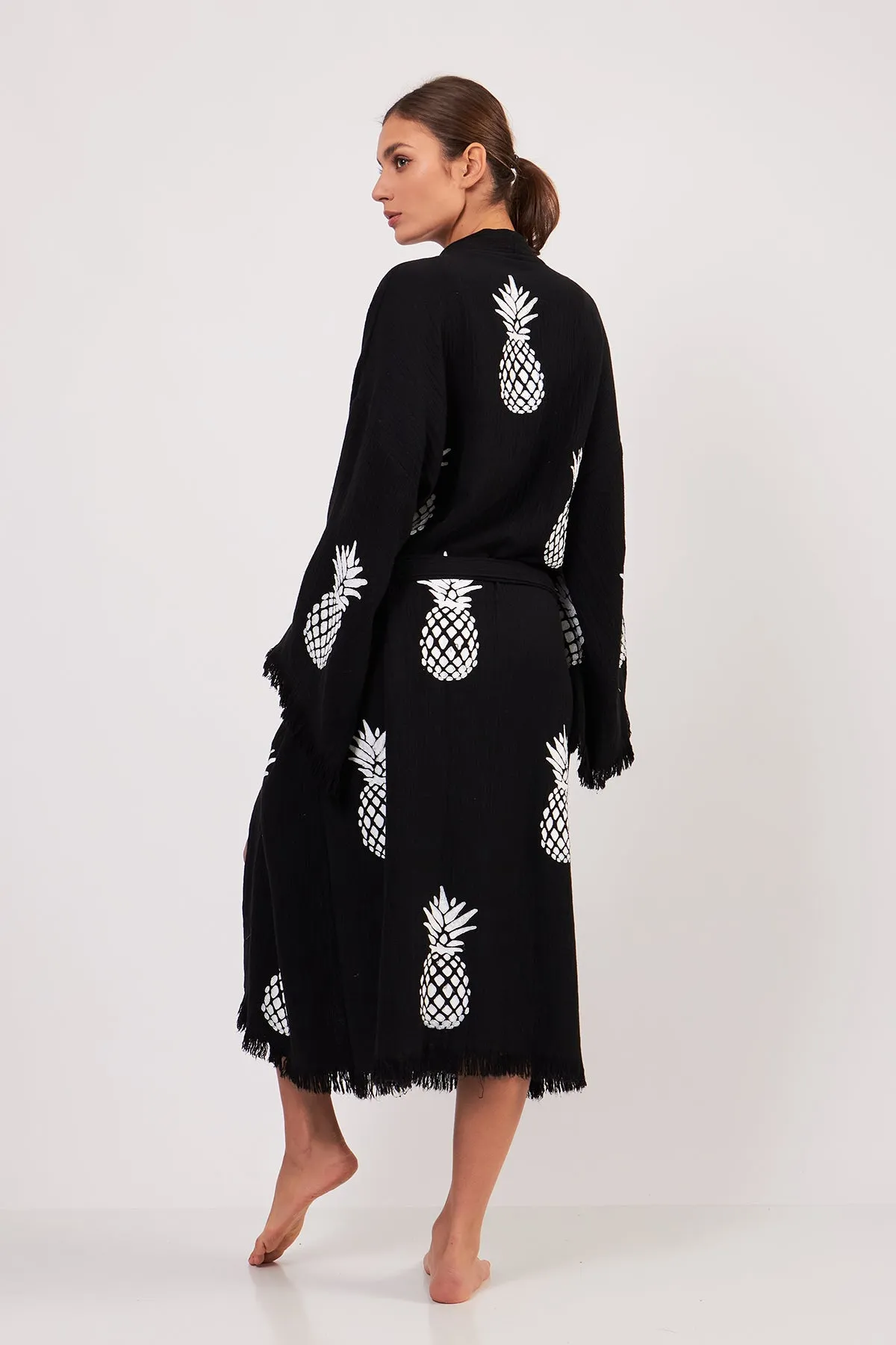 Turkish Towel Kimono Bathrobe Pineapple Design Black