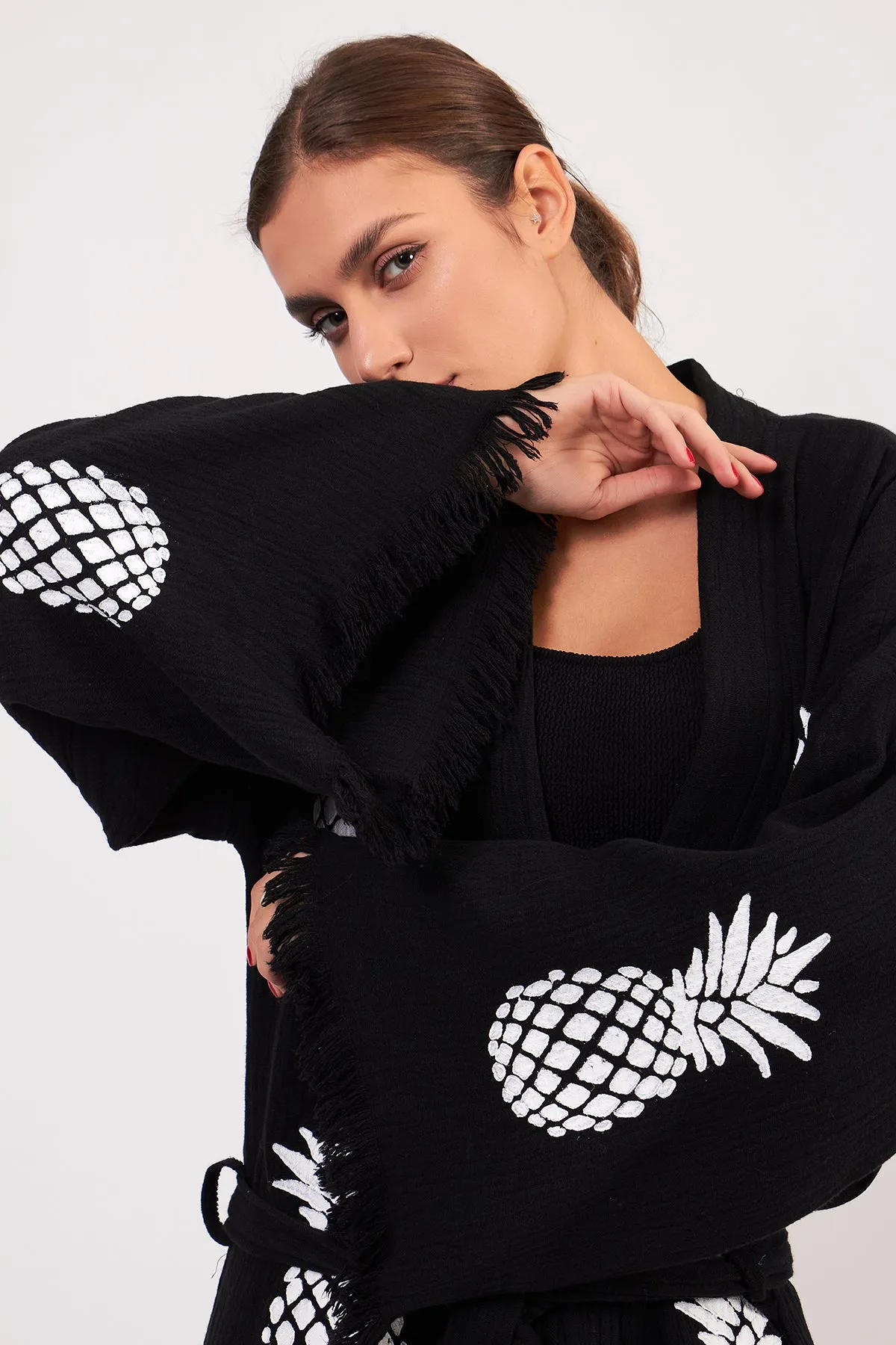 Turkish Towel Kimono Bathrobe Pineapple Design Black