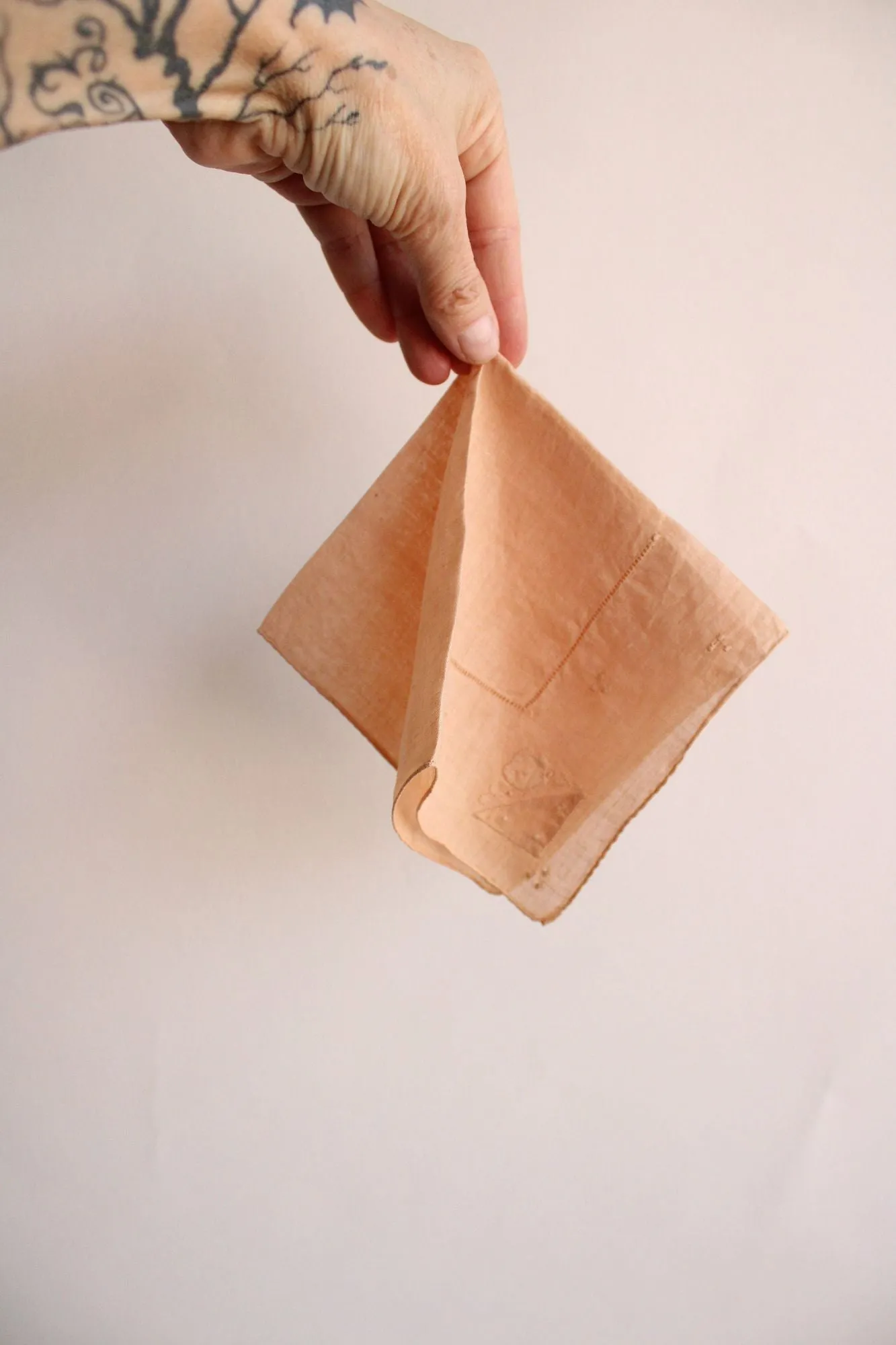 Vintage 1930s Pink Natural Plant Hand Dyed Embroidered Hankie