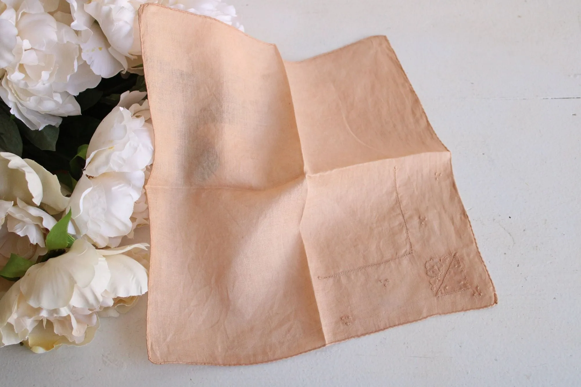 Vintage 1930s Pink Natural Plant Hand Dyed Embroidered Hankie