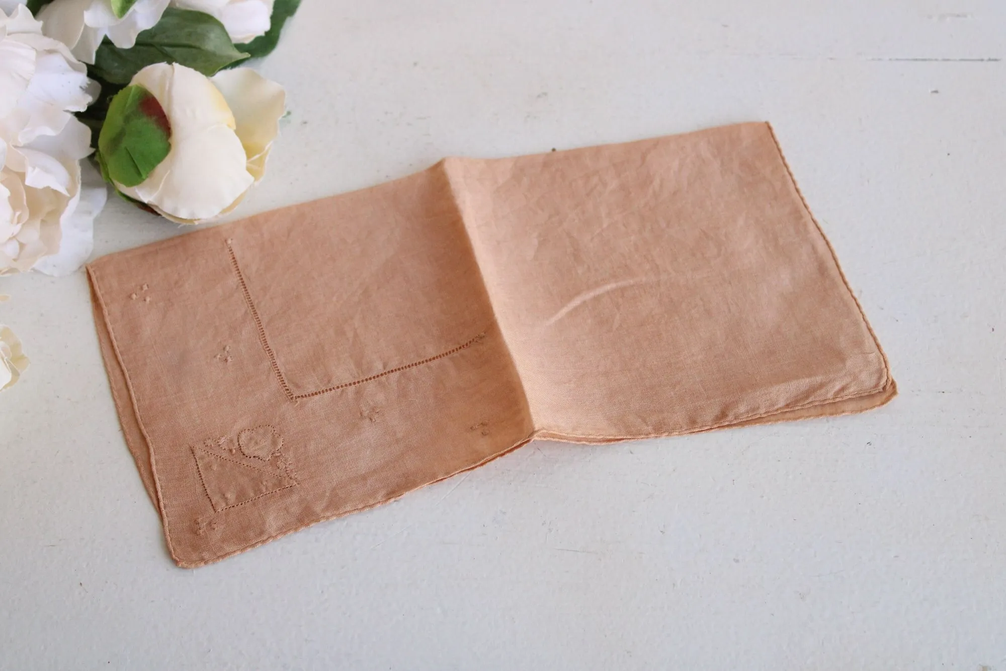 Vintage 1930s Pink Natural Plant Hand Dyed Embroidered Hankie