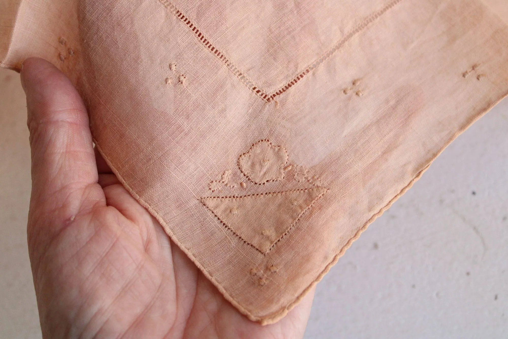 Vintage 1930s Pink Natural Plant Hand Dyed Embroidered Hankie
