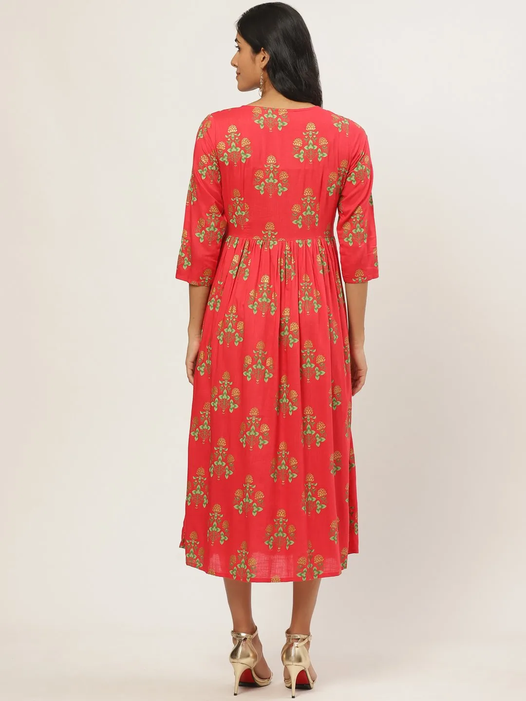 Women Coral Floral Printed V-Neck Cotton Fit And Flare Dress