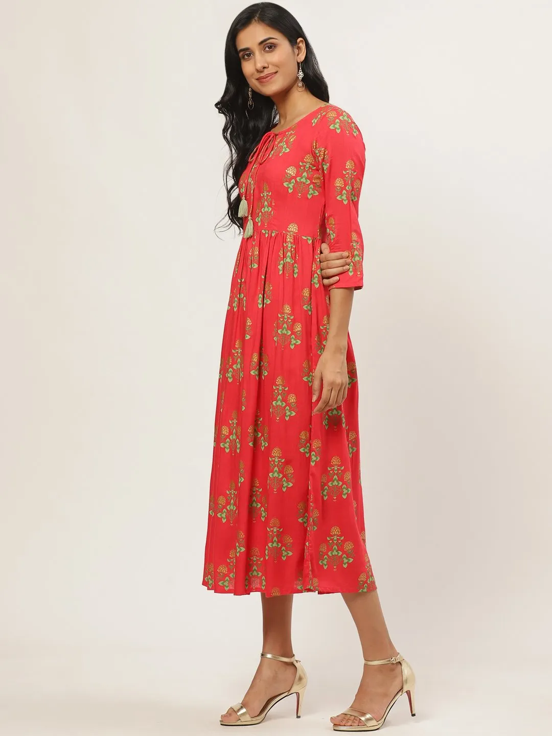 Women Coral Floral Printed V-Neck Cotton Fit And Flare Dress