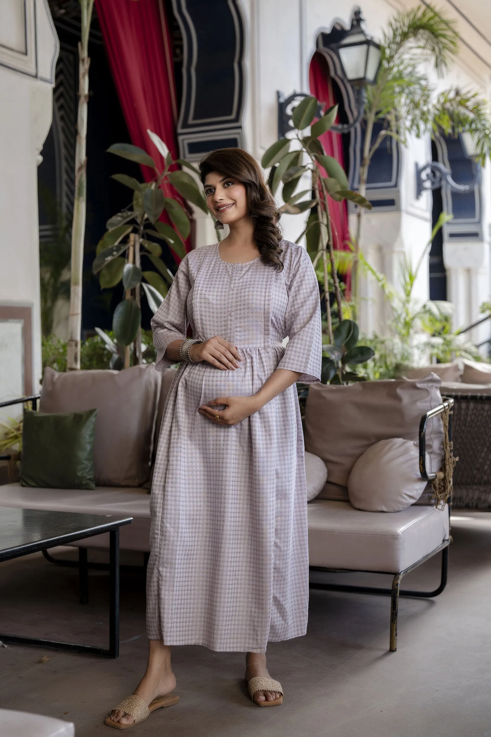 Women Taupe Geometric Printed Maternity Dress