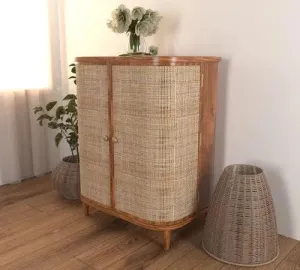 Wooden Twist Hunky Curve Rattan Rosewood Door Cabinet Storage Rustic Storage Organizer for Home Décor