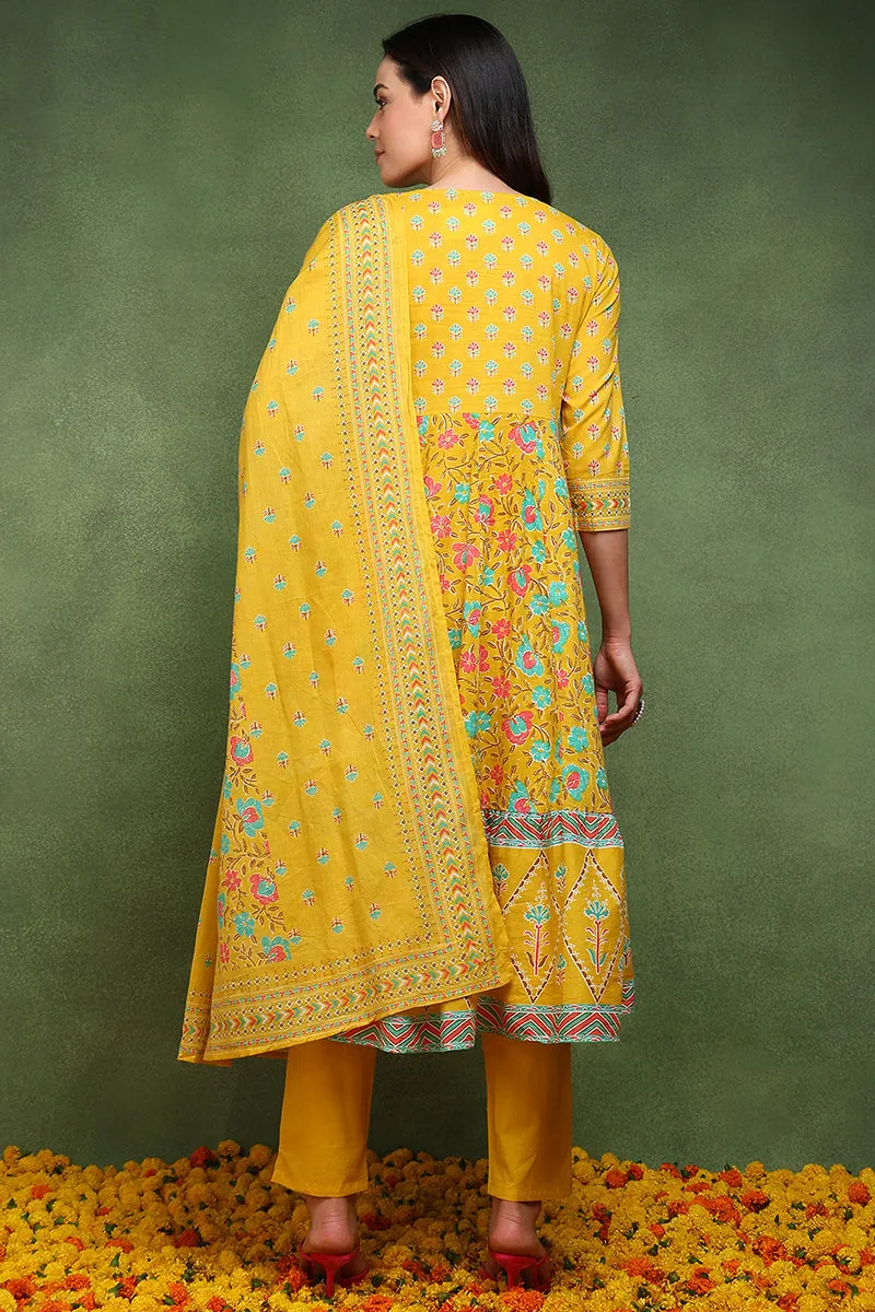 Yellow Pure Cotton Floral Printed Anarkali Suit Set