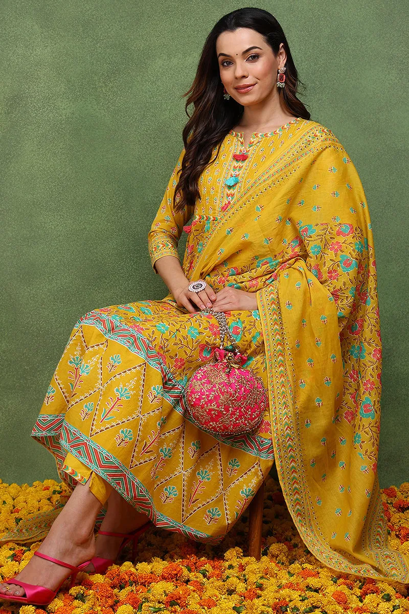 Yellow Pure Cotton Floral Printed Anarkali Suit Set
