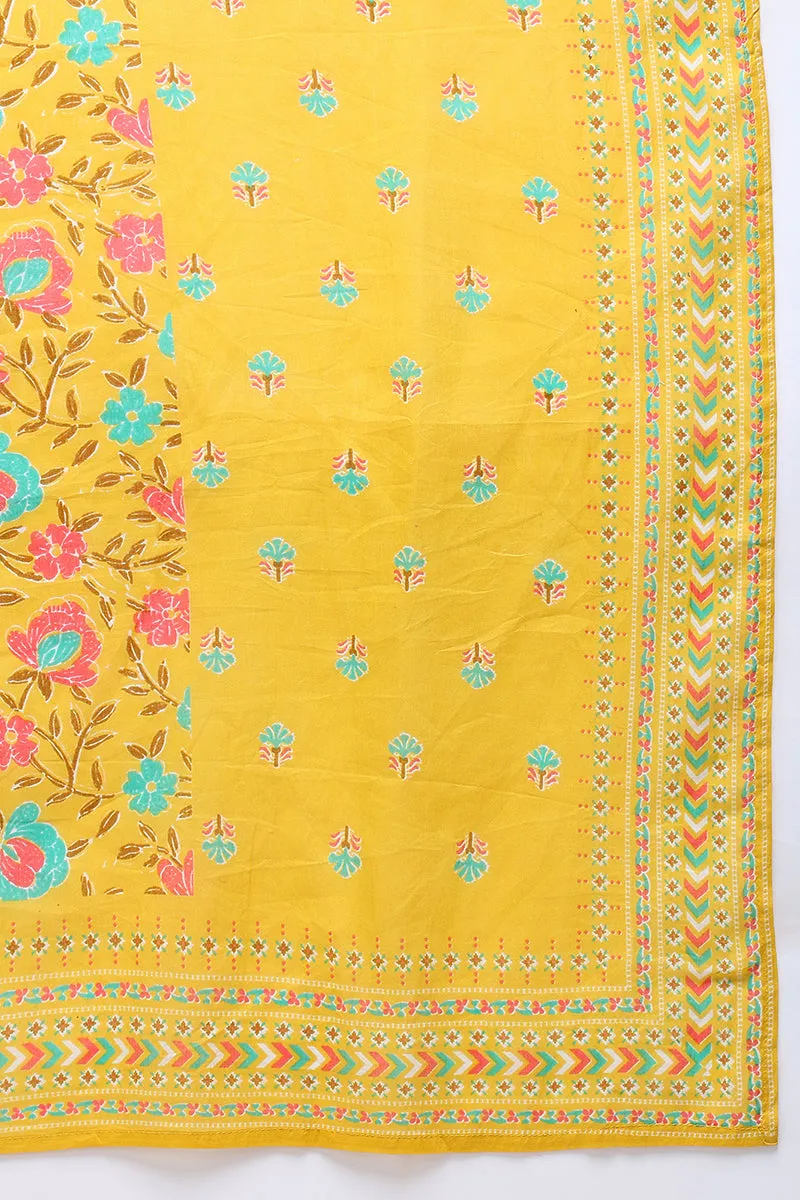 Yellow Pure Cotton Floral Printed Anarkali Suit Set