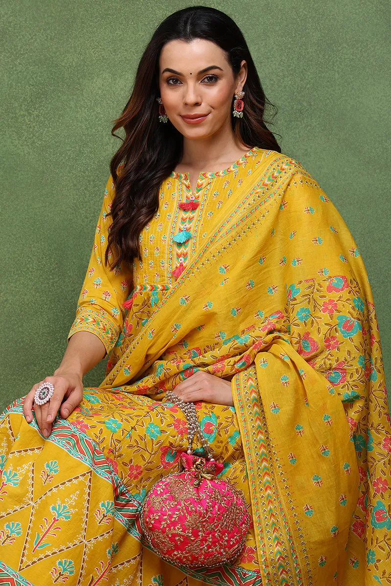 Yellow Pure Cotton Floral Printed Anarkali Suit Set